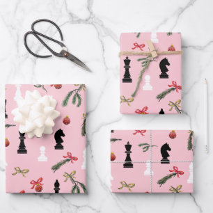 Christmas Chess Pieces Game Pattern Pink Wrapping Paper Sheets