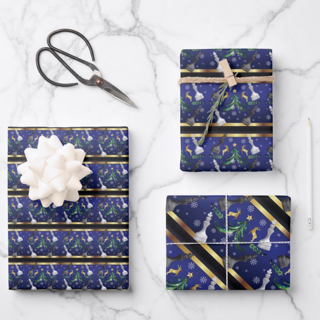 Christmas Chess Pieces - Snowflakes, Xmas Tree Wrapping Paper Sheets (Front)