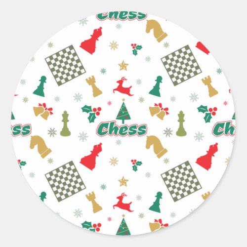 Christmas Chess _ Pieces Tree Holly and Reindeer Classic Round Sticker