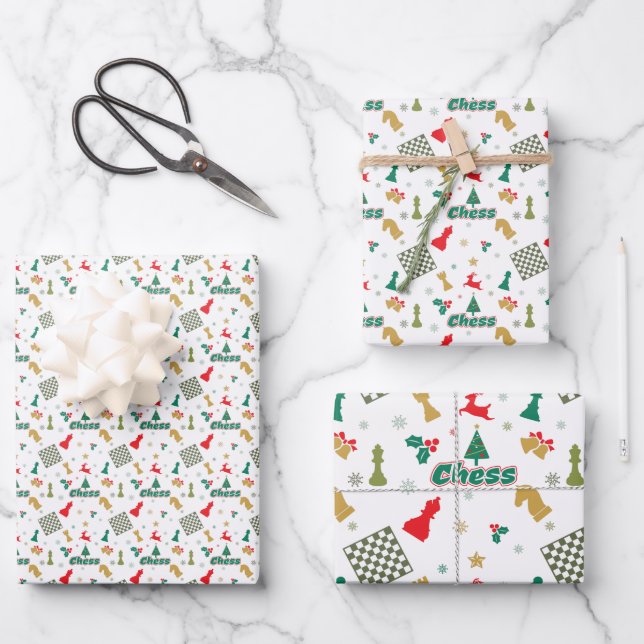 Christmas Chess - Pieces, Tree, Holly, Reindeer Wrapping Paper Sheets (Front)