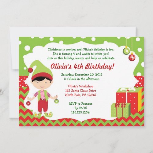 Christmas Chevron Boy Elf Birthday Invitation