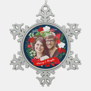 Christmas Chevron Floral Wreath Photo Personalized Snowflake Pewter Christmas Ornament