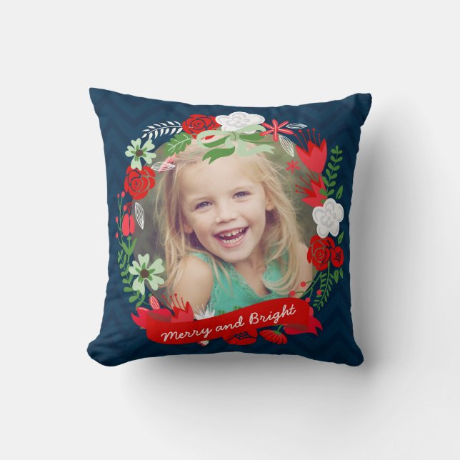 Christmas Chevron Floral Wreath Photo Personalized Throw Pillow (Front)