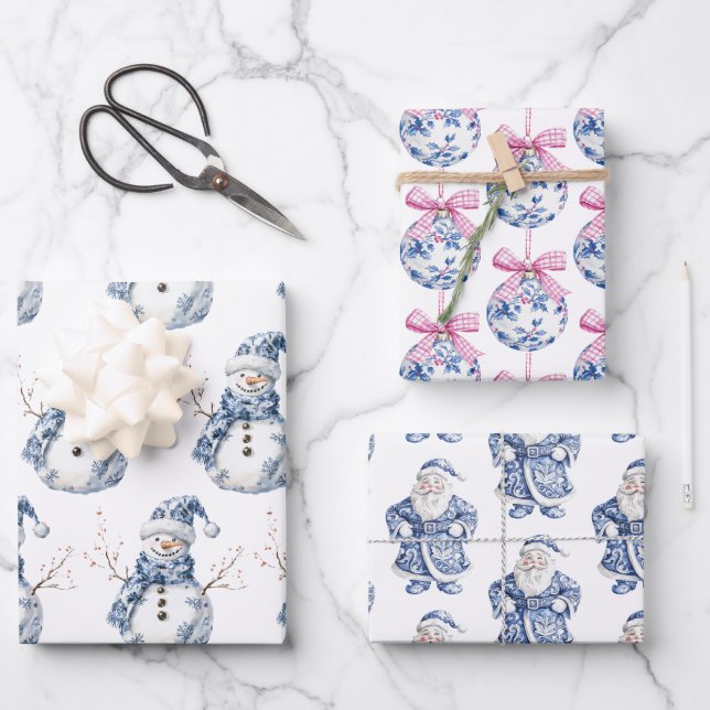 Christmas Chic Blue White Snowman Wrapping Paper Sheets (Front)