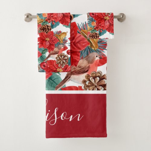 Christmas Chic Modern Watercolor Floral Name Bath Towel Set