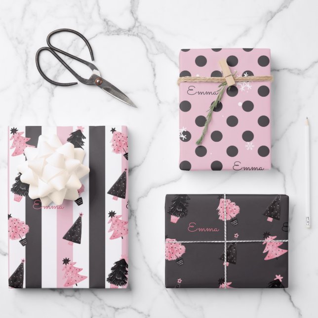 Christmas Chic Pink Grey modern Custom Name Wrapping Paper Sheets (Front)