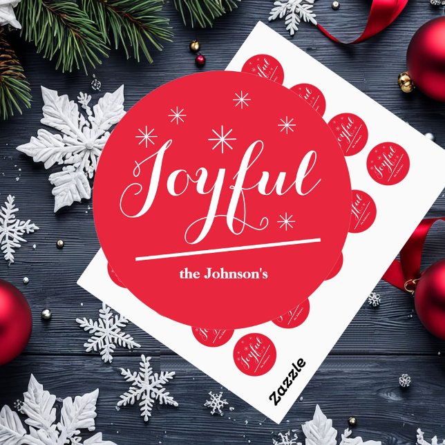 Christmas Chic Script Name Simple Joyful Red Classic Round Sticker ("Joyful" round red stickers.)