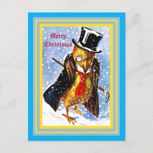 Christmas Chick w Top Hat Monocle Cane Postcard