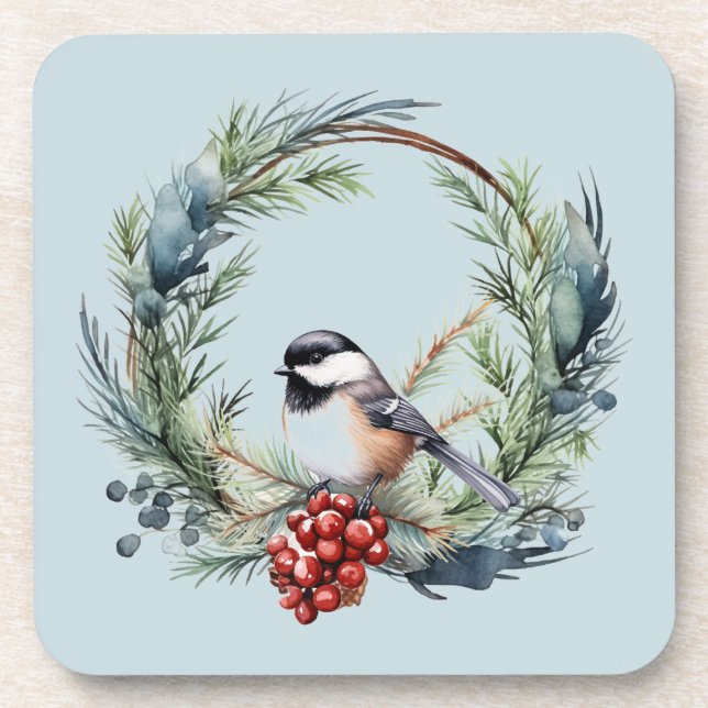 Christmas Chickadee Bird in Wreath Art Beverage Coaster (Front)
