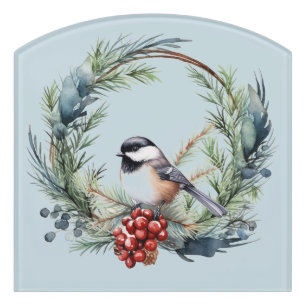 Christmas Chickadee Bird in Wreath Art Door Sign