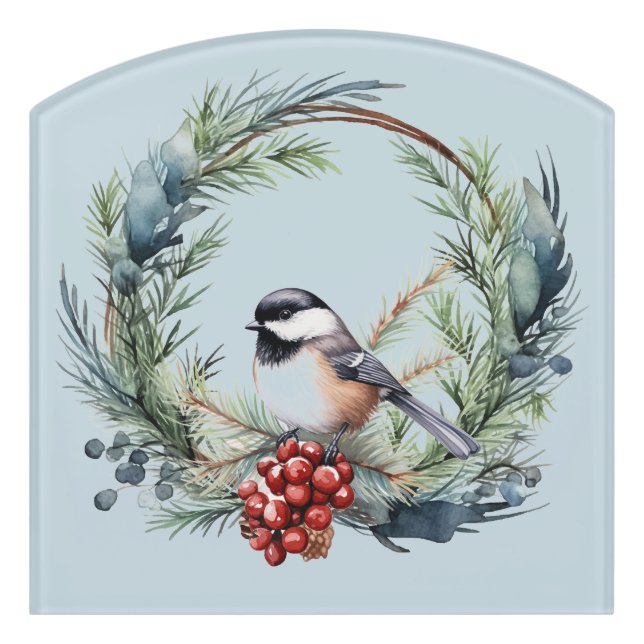 Christmas Chickadee Bird in Wreath Art Door Sign (Contour Front)