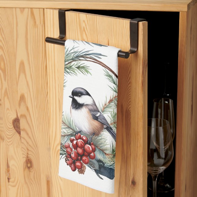 Christmas Chickadee Bird in Wreath Art  Kitchen Towel (Thirds Fold)