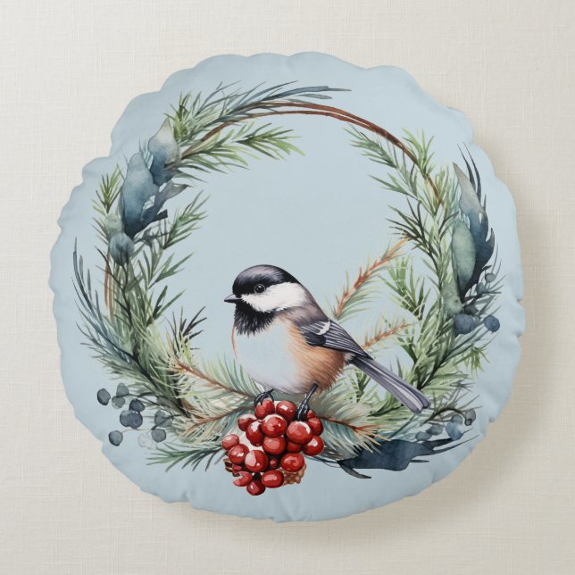 Christmas Chickadee Bird in Wreath Art Round Pillow (Front)