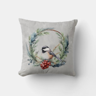 Christmas Chickadee Bird in Wreath Art Throw Pillow