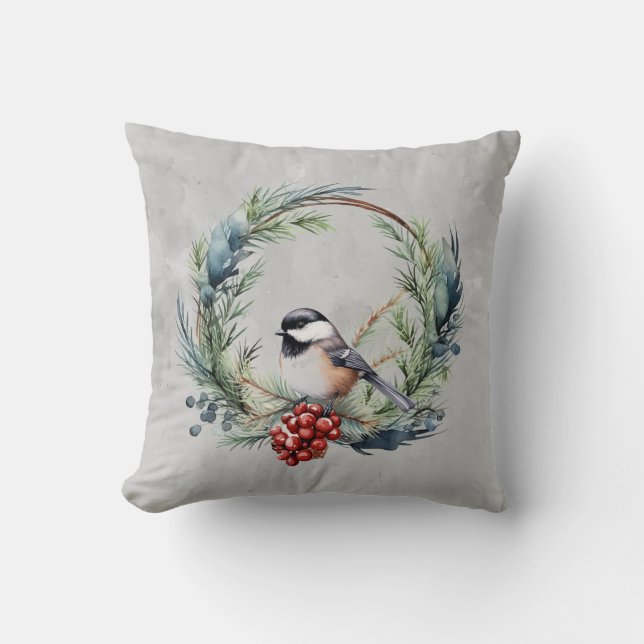 Christmas Chickadee Bird in Wreath Art Throw Pillow (Front)