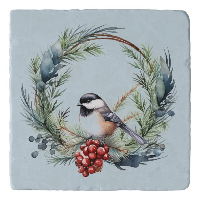 Christmas Chickadee Bird in Wreath Art Trivet (Front)