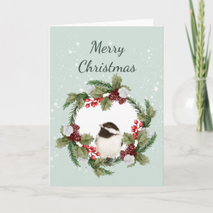 Christmas Chickadee Bird Watercolor Nature Art  Card