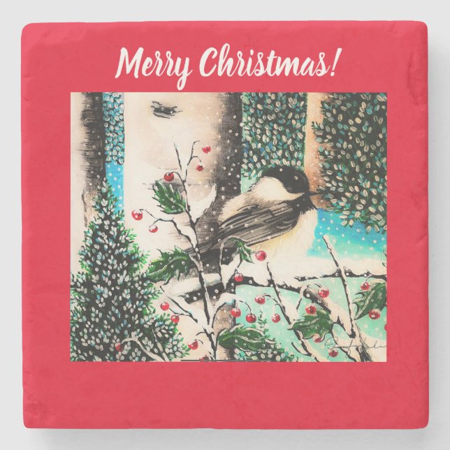 Christmas Chickadee Chatter Red Coaster (Front)