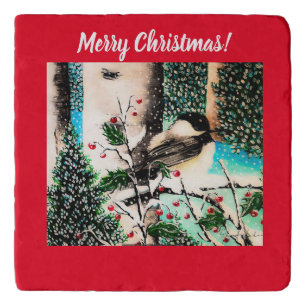 Christmas Chickadee Chatter Red Trivet