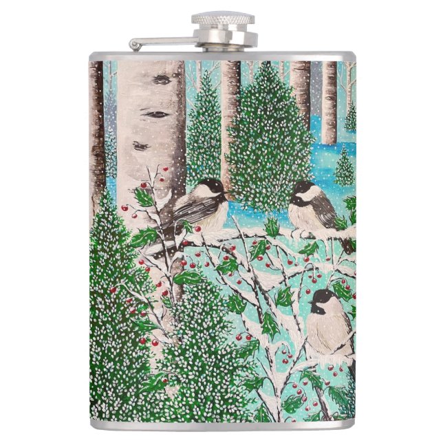 Christmas Chickadee Chatter Water Bottle Flask (Front)