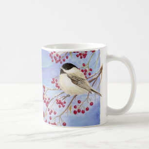 Christmas Chickadee Cute Bird Red Berries Coffee Mug