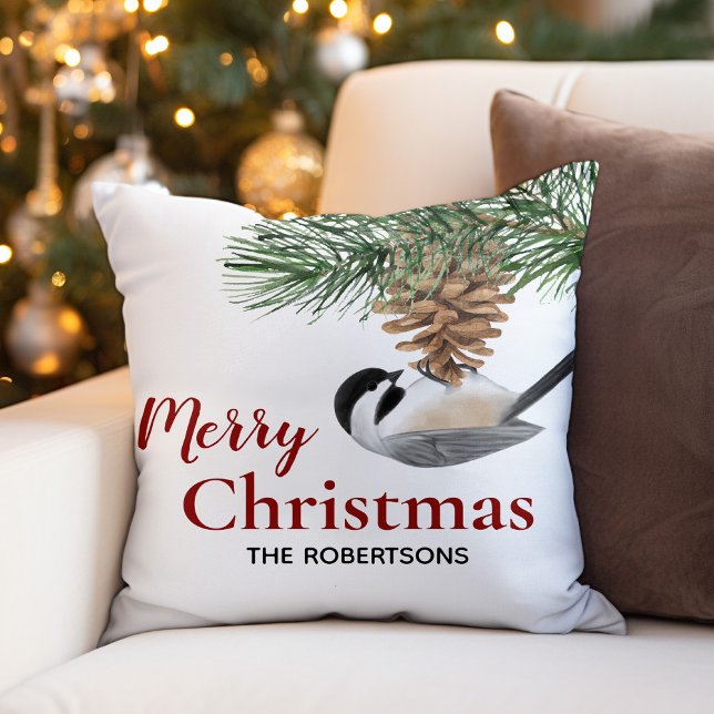 Christmas Chickadee Personalized Holiday Throw Pillow (Creator Uploaded)