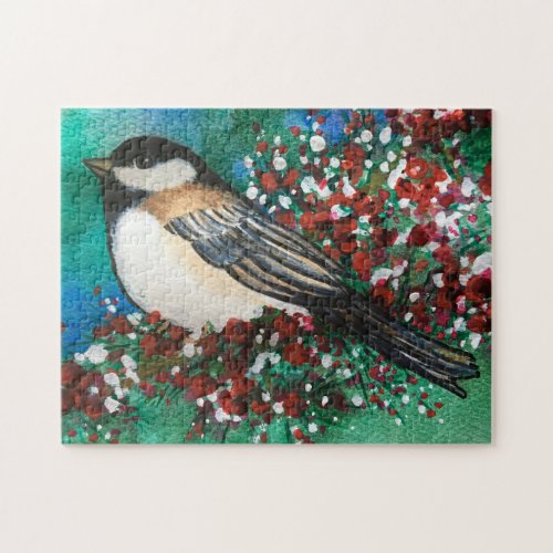 Christmas Chickadee Snowberries Green Red Jigsaw Puzzle