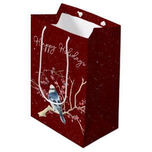 Christmas Chickadee with Berries and Snowflakes Medium Gift Bag