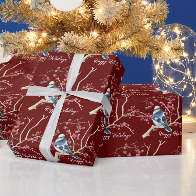 Christmas Chickadee with Berries   Wrapping Paper (Holidays)