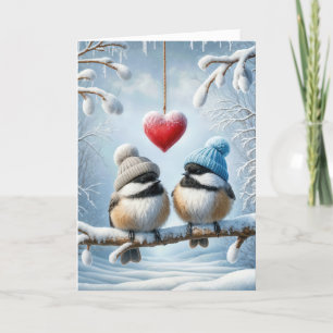 Christmas Chickadees With Red Heart Card