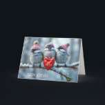 Christmas Chickadees With Red Heart Holiday Card<br><div class="desc">Three fluffy chickadees each wearing a cozy red knit hat perched on a snowy branch with a red heart.
All text can be changed.</div>