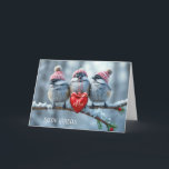 Christmas Chickadees With Red Heart Holiday Card<br><div class="desc">Three fluffy chickadees each wearing a cozy red knit hat perched on a snowy branch with a red heart.
All text can be changed.</div>