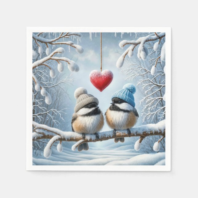 Christmas Chickadees With Red Heart Napkins (Front)