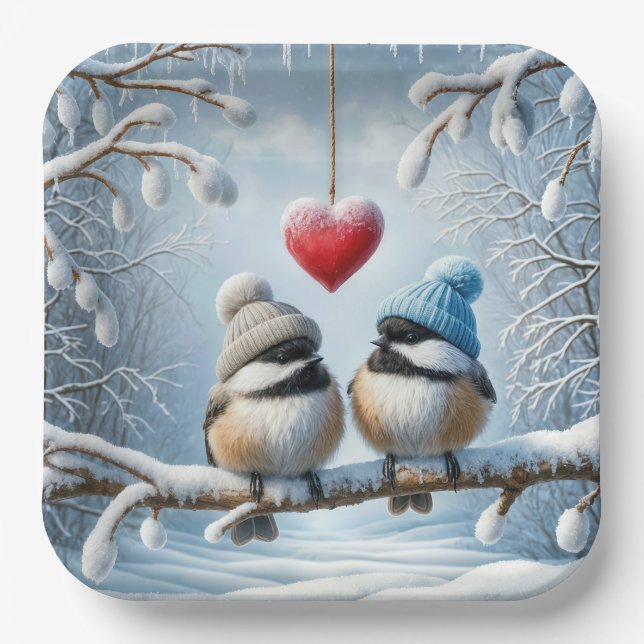 Christmas Chickadees With Red Heart Paper Plates (Front)