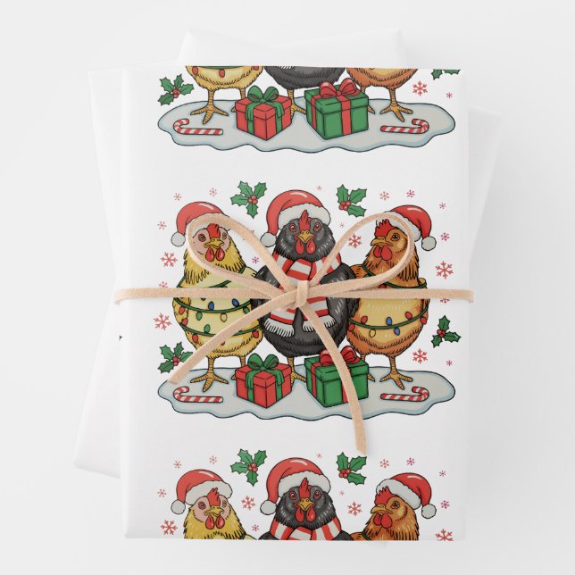 Christmas Chicken Farm Xmas Lights Family Holiday Wrapping Paper Sheets (In situ)