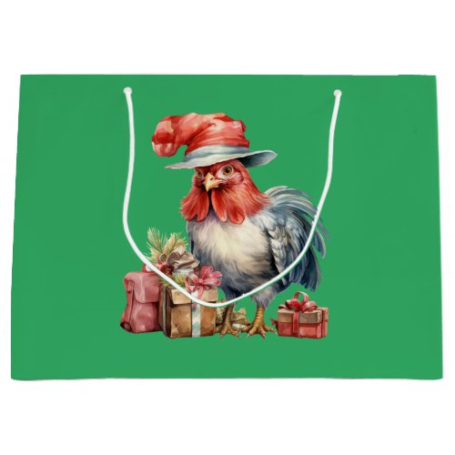 Christmas Chicken in GlassesHat  Presents Green Large Gift Bag