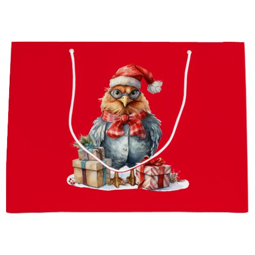 Christmas Chicken in Glasses  Presents Red Large Gift Bag