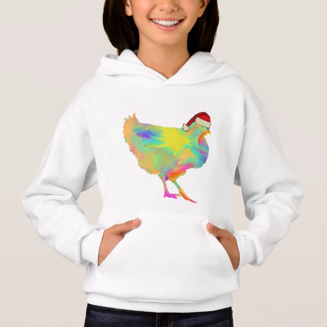 Christmas Chicken in Santa Hat Funny Colorful Hen Hoodie (Front)