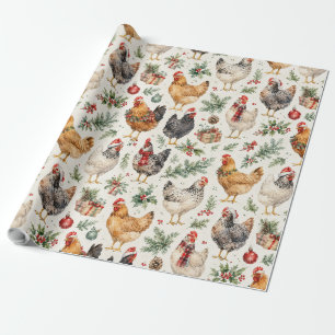 Christmas Chicken Pattern Watercolor Holiday Hens  Wrapping Paper