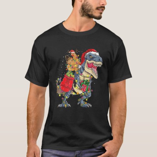 Christmas Chicken Riding Dinosaur T Rex Tree Light T_Shirt