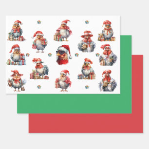 Christmas Chicken Shoppers Plus Solids Green Red Wrapping Paper Sheets