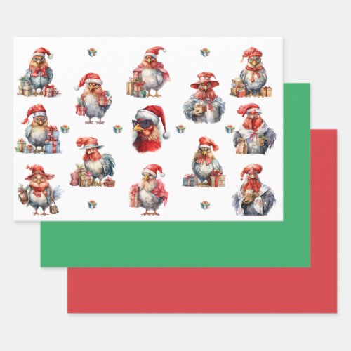 Christmas Chicken Shoppers Plus Solids Green Red  Wrapping Paper Sheets