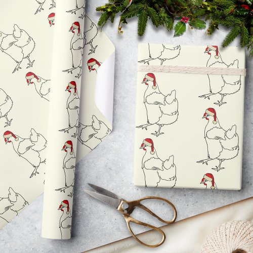 Christmas Chicken wearing Santa hat pattern Wrapping Paper