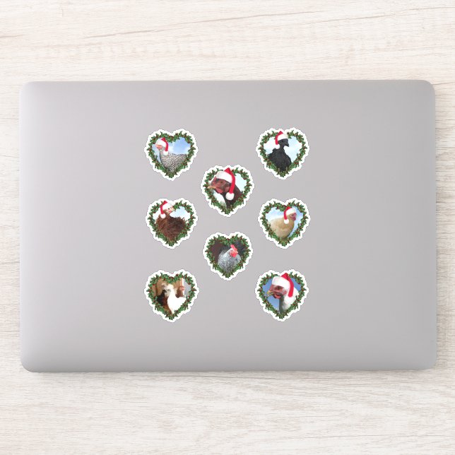 Christmas Chickens in Heart Wreaths Sticker (Computer)
