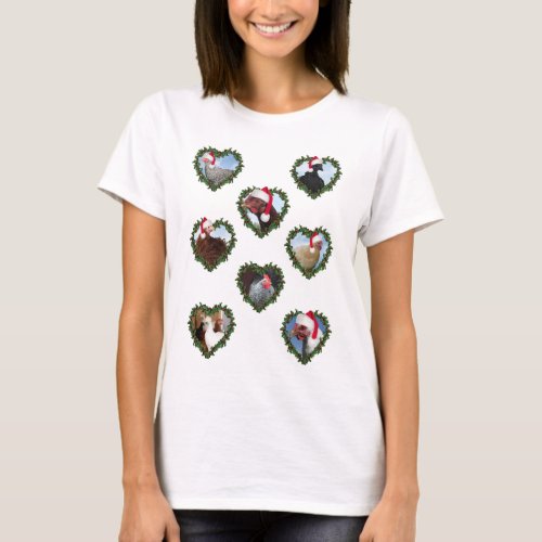 Christmas Chickens in Heart Wreaths T_Shirt