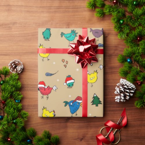 Christmas chickens light gold wrapping paper