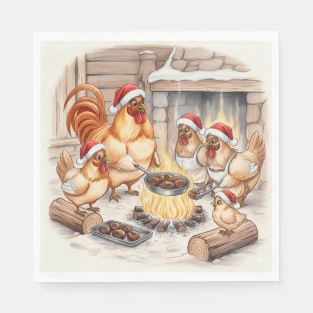 Christmas Chickens Roasting Chestnuts, Napkins (Front)