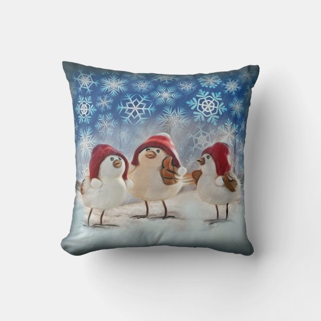 Christmas Chickens Snow Watercolor Throw Pillow (Front)