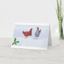 christmas chickens with hat and scarf blank card