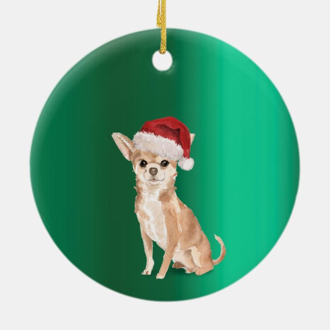 Christmas Chihuahua Dog Green Merry Greeting Ceramic Ornament (Back)